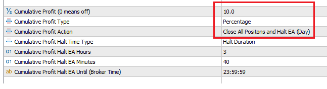 This picture shows how to close all positions and stop EA for a day when cumulative profit is achieved